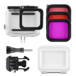Caixa Protetora Impermeável 45m + Tampa Traseira com Ecrã Tátil para GoPro NEW HERO /HERO6 /5, com Fivela, Suporte Básico, Parafuso e Filtros (Roxo, Vermelho, Rosa), Sem Necessidade de Remover a Lente, Ecrã Tátil + Filtros (Transparente)