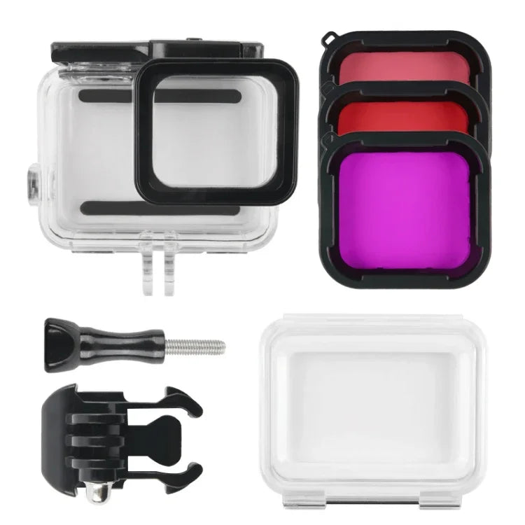 Caixa Protetora Impermeável 45m + Tampa Traseira com Ecrã Tátil para GoPro NEW HERO /HERO6 /5, com Fivela, Suporte Básico, Parafuso e Filtros (Roxo, Vermelho, Rosa), Sem Necessidade de Remover a Lente, Ecrã Tátil + Filtros (Transparente)