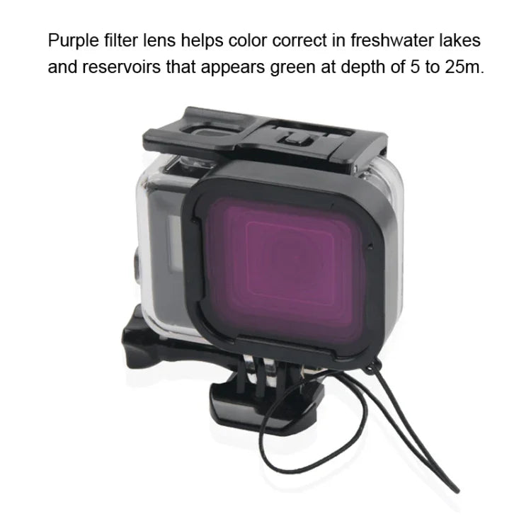 Caixa Protetora Impermeável 45m + Tampa Traseira com Ecrã Tátil para GoPro NEW HERO /HERO6 /5, com Fivela, Suporte Básico, Parafuso e Filtros (Roxo, Vermelho, Rosa), Sem Necessidade de Remover a Lente, Ecrã Tátil + Filtros (Transparente)