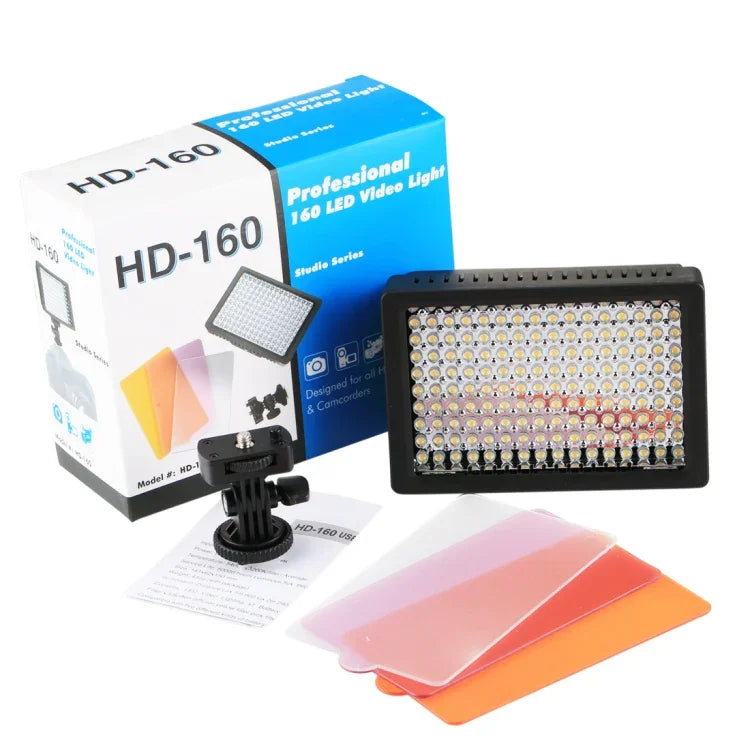 Luz de Vídeo LED de Luz Branca HD-160 para Fotografia com Câmara, Luz de Preenchimento para Canon, Nikon, Câmara DSLR com 3 Placas de Filtro, HD-160