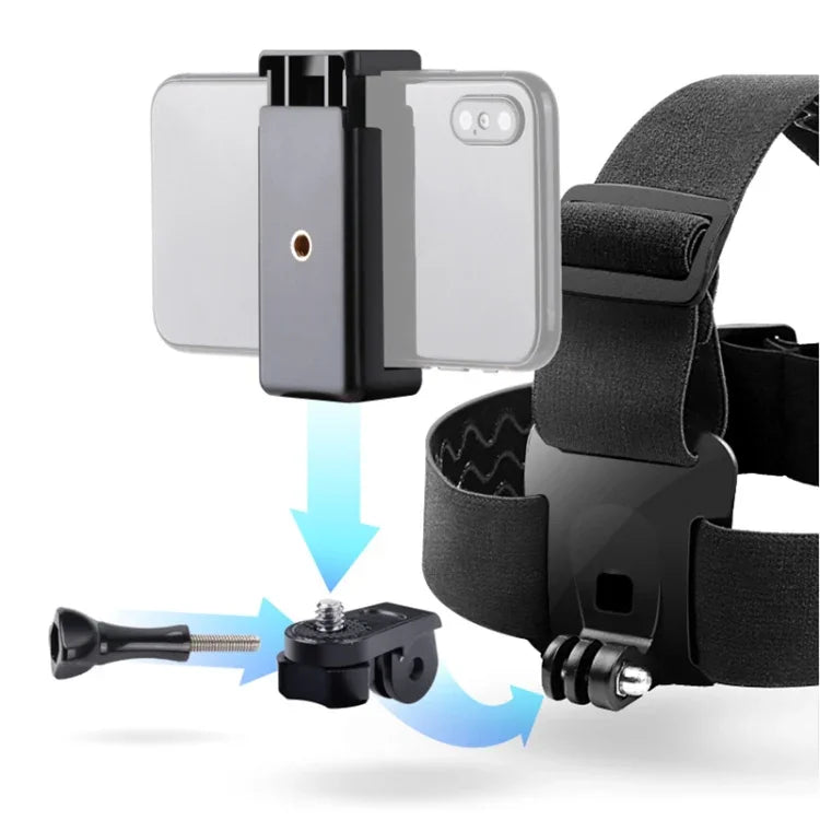 Correia Elástica Ajustável para Montagem na Cabeça com Suporte para Telemóvel, Parafuso e Adaptador em S para GoPro HERO10 Black / HERO9 Black /8 /7 /6 /5, Xiaoyi e Outras Câmaras de Ação, Smartphones