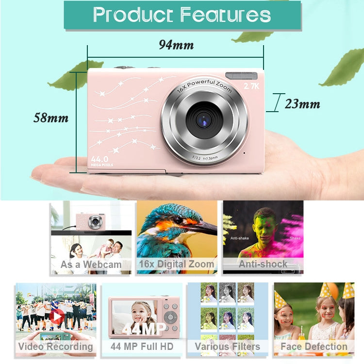 Câmara Digital DC402 2,4 polegadas 44MP Zoom 16X 2.7K Full HD Câmara Cartão para Crianças, Ficha UK, Ficha UK