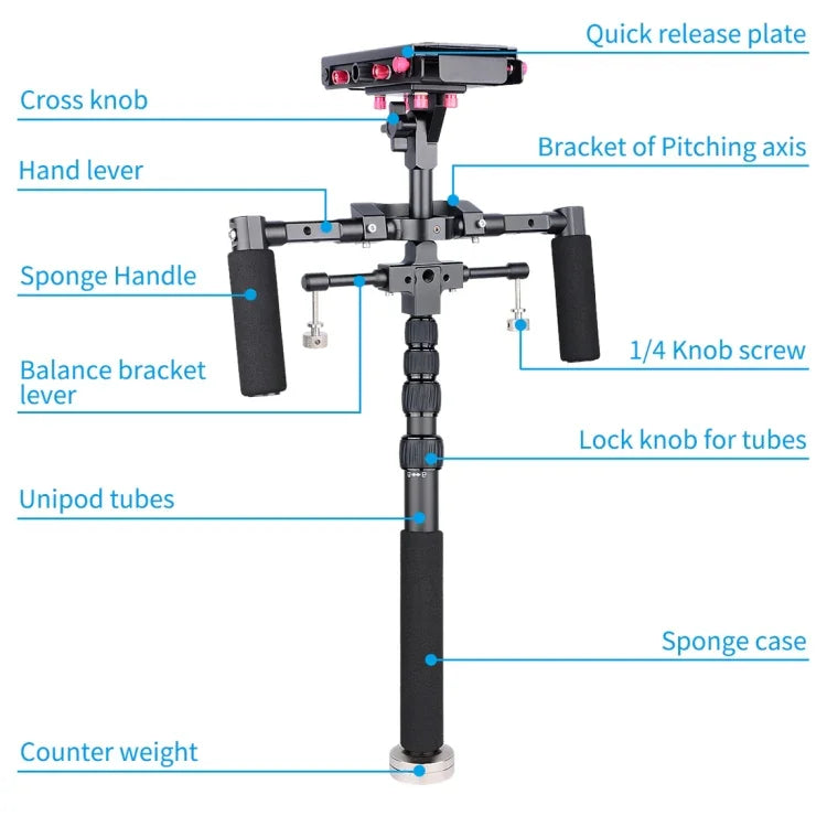 YELANGU S300 Rig Multifuncional 4 em 1 + Rig de Ombro Duplo Manual + Monopé + Estabilizador para Câmaras / Câmaras SLR, Intervalo de Altura: 63cm-170cm, YELANGU S300