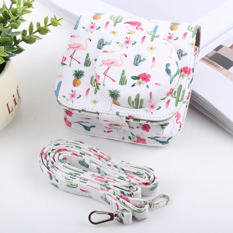 Bolsa de Pele PU para Câmara com Corpo Inteiro Padrão Cacto Flamingo com Alça para FUJIFILM instax mini 9 / mini 8+ / mini 8, Cacto Flamingo