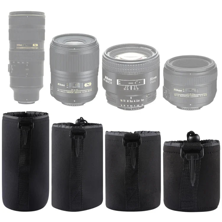 4 Peças de Bolsa de Transporte para Lentes de Câmara SLR em Neopreno com Mosquetão, Tamanhos: 10x22cm, 10x14cm, 10x18cm, 8x10cm, 4 Tamanhos