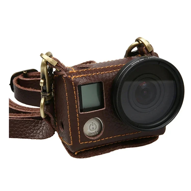 Para GoPro HERO4 Estojo Protetor de Couro Genuíno Textura Litchi com Correia, Textura Litchi (Castanho)
