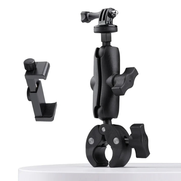 Suporte Ajustável para Câmara de Ação com Rotação 360 para Guiador de Bicicleta ou Motociclo com Presilha para Telemóvel, Versão Estendida com Presilha para Telemóvel