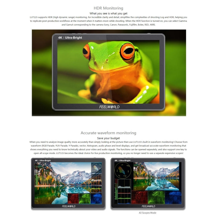 Monitor de Campo para Câmara DSLR FEELWORLD LUT11S 10.1 polegadas Ultra Brilhante 2000nit Ecrã Tátil, Entrada e Saída 3G-SDI 4K HDMI Painel IPS 1920 x 1200, LUT11S