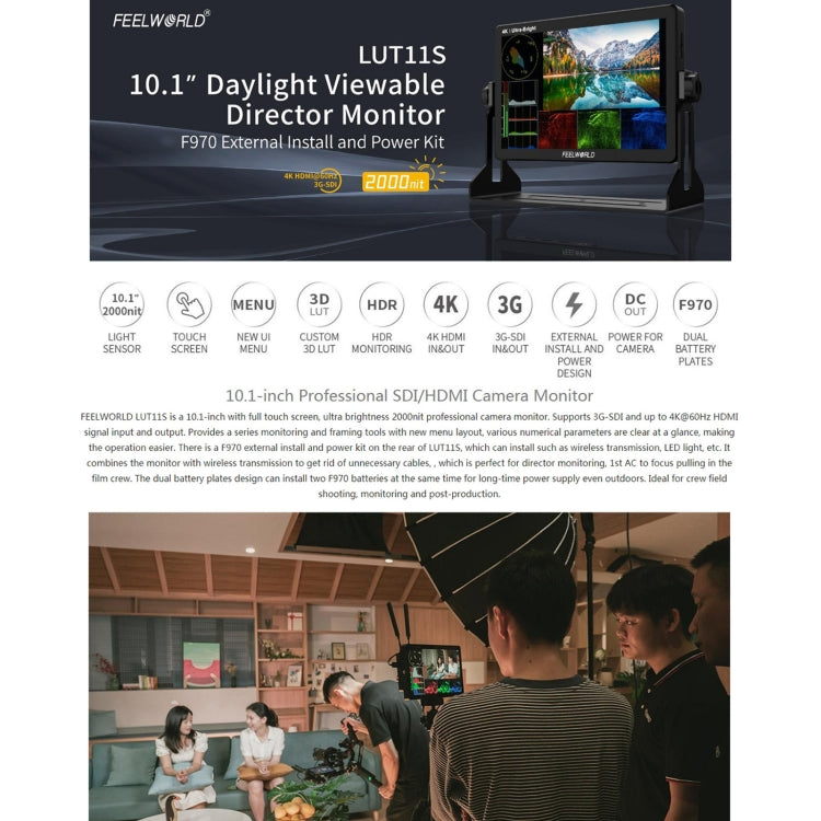 Monitor de Campo para Câmara DSLR FEELWORLD LUT11S 10.1 polegadas Ultra Brilhante 2000nit Ecrã Tátil, Entrada e Saída 3G-SDI 4K HDMI Painel IPS 1920 x 1200, LUT11S