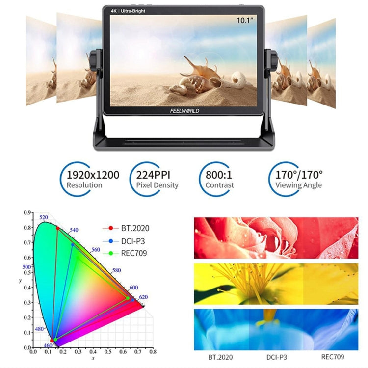 Monitor de Campo para Câmara DSLR FEELWORLD LUT11S 10.1 polegadas Ultra Brilhante 2000nit Ecrã Tátil, Entrada e Saída 3G-SDI 4K HDMI Painel IPS 1920 x 1200, LUT11S