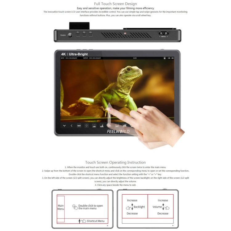 Monitor de Campo para Câmara DSLR FEELWORLD LUT11S 10.1 polegadas Ultra Brilhante 2000nit Ecrã Tátil, Entrada e Saída 3G-SDI 4K HDMI Painel IPS 1920 x 1200, LUT11S