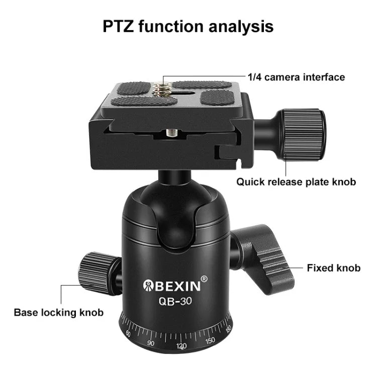 Cabeça de Bola Metálica Panorâmica com Rotação de 360 Graus BEIXIN QB-30 com Placa de Libertação Rápida, QB-30