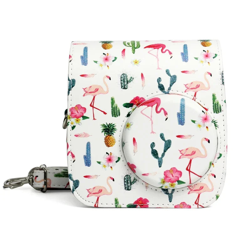 Bolsa Protetora para Câmara em Pele PU com Padrão de Flamingo e Cacto para Câmara FUJIFILM Instax Mini 7S / 7C, Flamingo Cacto