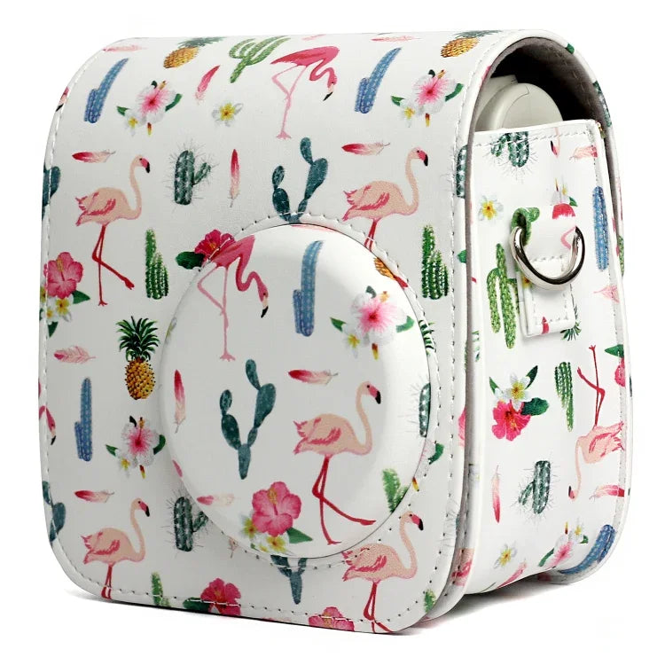 Bolsa Protetora para Câmara em Pele PU com Padrão de Flamingo e Cacto para Câmara FUJIFILM Instax Mini 7S / 7C, Flamingo Cacto