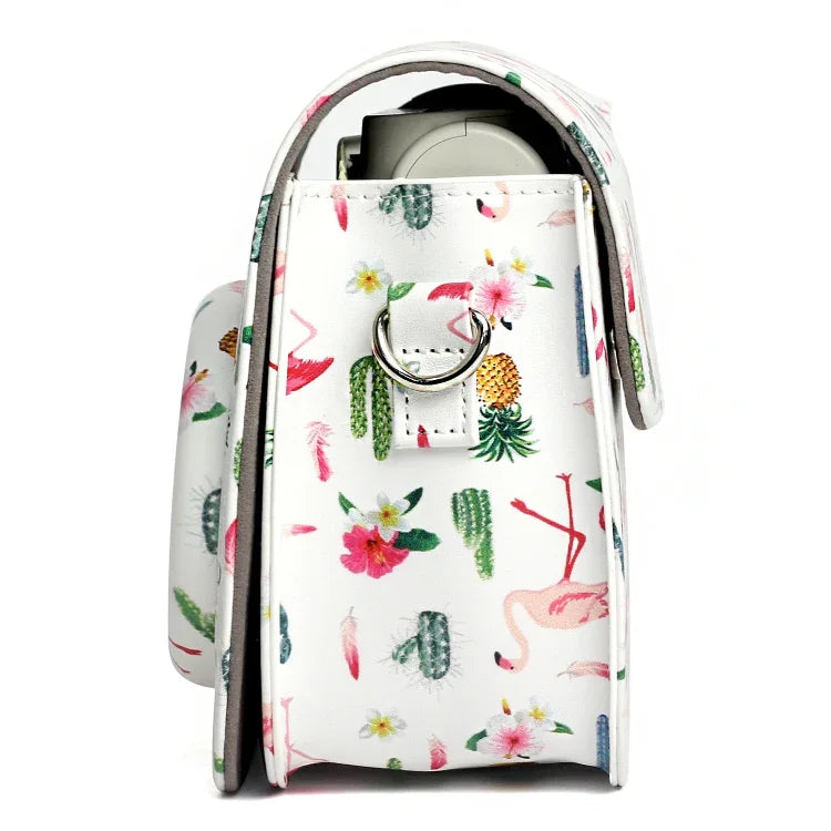 Bolsa Protetora para Câmara em Pele PU com Padrão de Flamingo e Cacto para Câmara FUJIFILM Instax Mini 7S / 7C, Flamingo Cacto