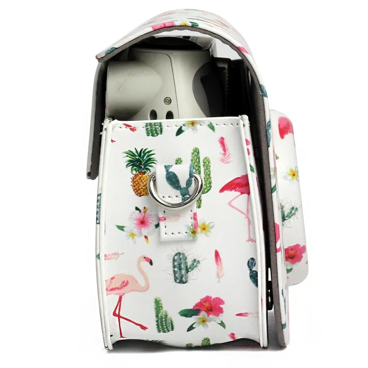 Bolsa Protetora para Câmara em Pele PU com Padrão de Flamingo e Cacto para Câmara FUJIFILM Instax Mini 7S / 7C, Flamingo Cacto