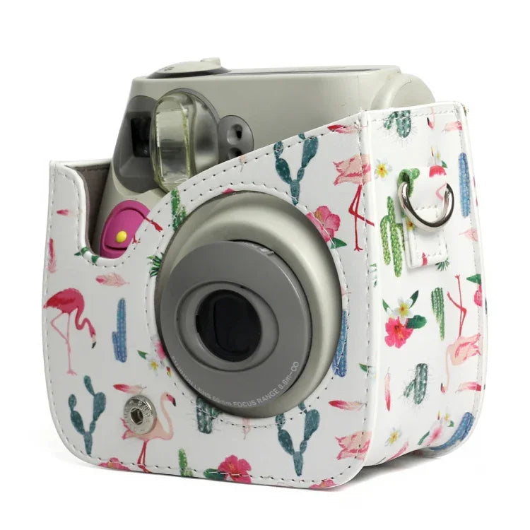 Bolsa Protetora para Câmara em Pele PU com Padrão de Flamingo e Cacto para Câmara FUJIFILM Instax Mini 7S / 7C, Flamingo Cacto