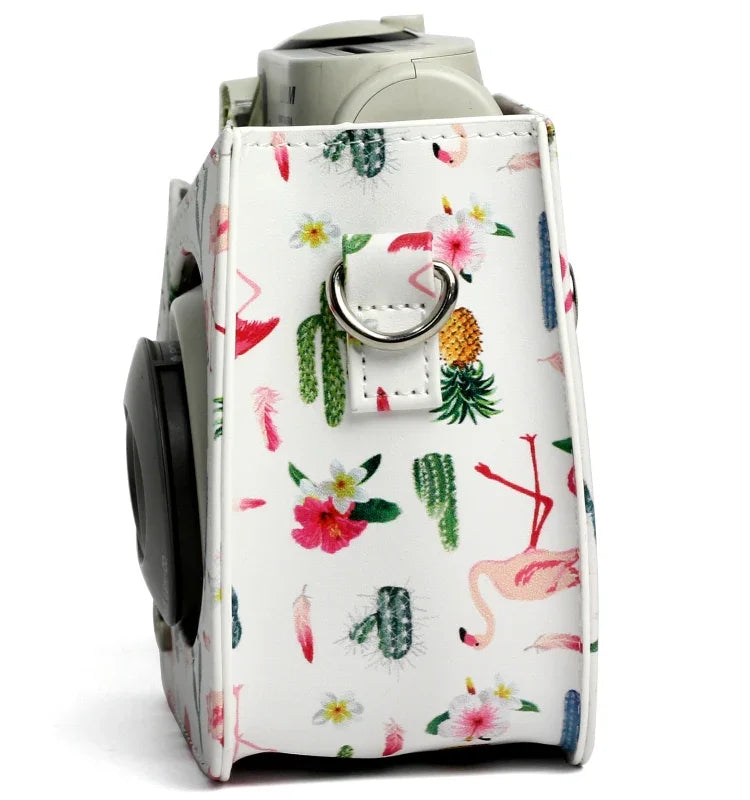 Bolsa Protetora para Câmara em Pele PU com Padrão de Flamingo e Cacto para Câmara FUJIFILM Instax Mini 7S / 7C, Flamingo Cacto