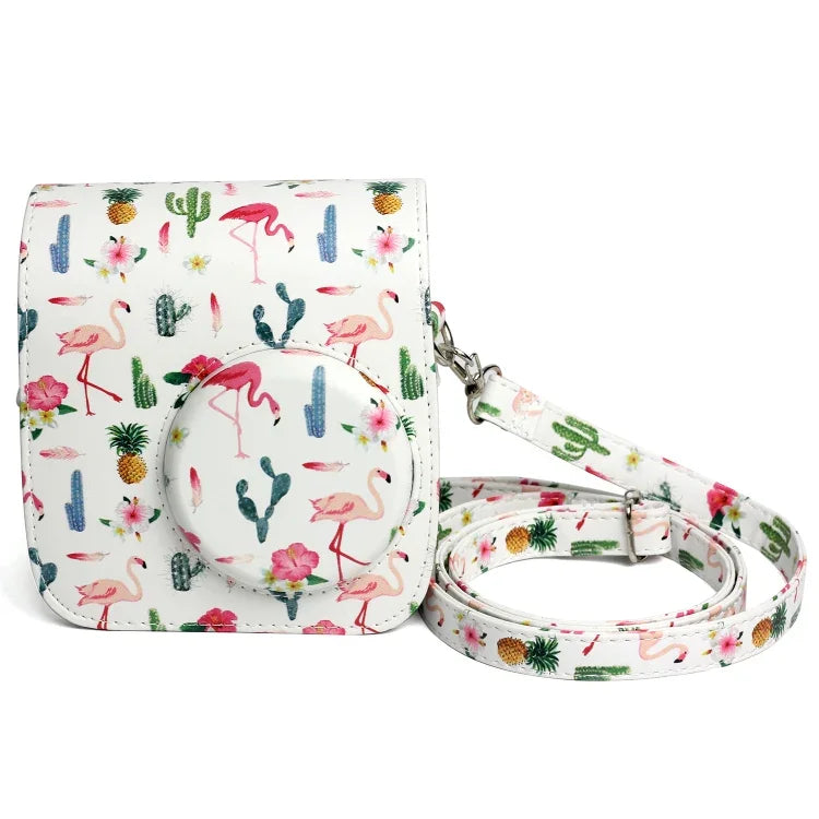 Bolsa Protetora para Câmara em Pele PU com Padrão de Flamingo e Cacto para Câmara FUJIFILM Instax Mini 7S / 7C, Flamingo Cacto