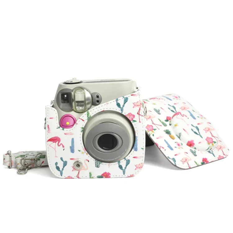Bolsa Protetora para Câmara em Pele PU com Padrão de Flamingo e Cacto para Câmara FUJIFILM Instax Mini 7S / 7C, Flamingo Cacto
