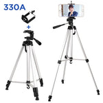 Tripé para Transmissão em Direto com Pernas Dobráveis de 3 Secções, Tripé de Liga de Alumínio com Cabeça Tripé Tridimensional em Forma de U e Suporte para Telemóvel para DSLR e Câmara Digital, Altura Ajustável: 47.5-133cm, 330A