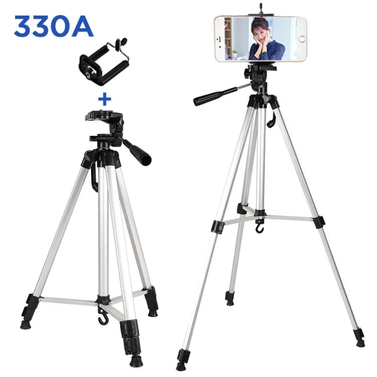 Tripé para Transmissão em Direto com Pernas Dobráveis de 3 Secções, Tripé de Liga de Alumínio com Cabeça Tripé Tridimensional em Forma de U e Suporte para Telemóvel para DSLR e Câmara Digital, Altura Ajustável: 47.5-133cm, 330A