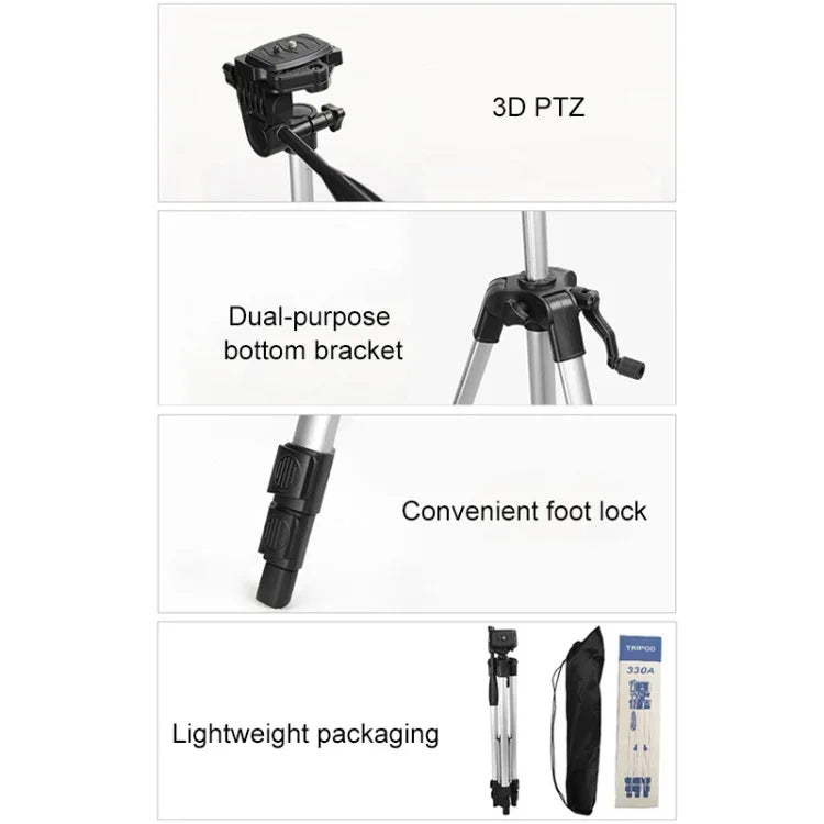 Tripé para Transmissão em Direto com Pernas Dobráveis de 3 Secções, Tripé de Liga de Alumínio com Cabeça Tripé Tridimensional em Forma de U e Suporte para Telemóvel para DSLR e Câmara Digital, Altura Ajustável: 47.5-133cm, 330A