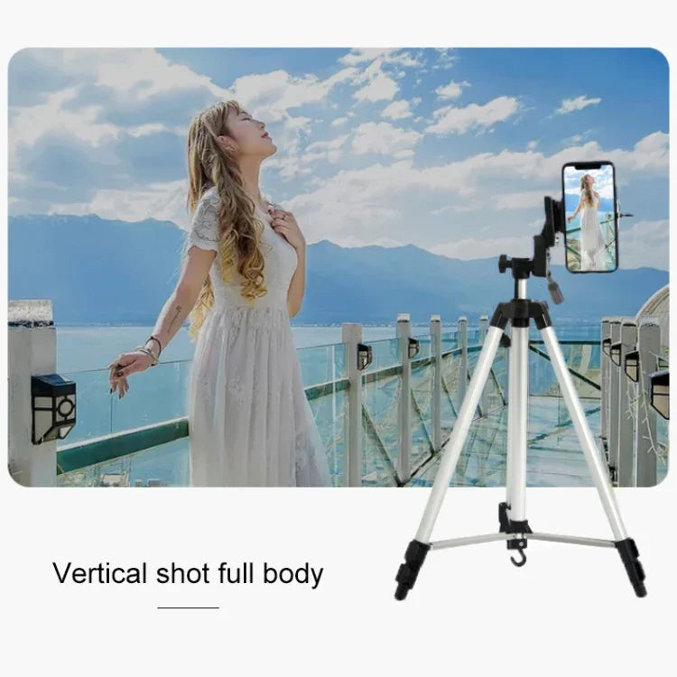 Tripé para Transmissão em Direto com Pernas Dobráveis de 3 Secções, Tripé de Liga de Alumínio com Cabeça Tripé Tridimensional em Forma de U e Suporte para Telemóvel para DSLR e Câmara Digital, Altura Ajustável: 47.5-133cm, 330A