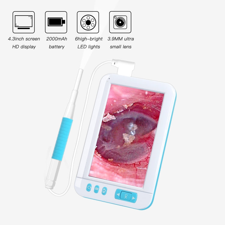 Endoscópio Visual C01 com Ecrã de 4,3 Polegadas HD1080P, Colher Auricular, 6 LEDs, Diâmetro: 3,9mm, C01 3,9mm