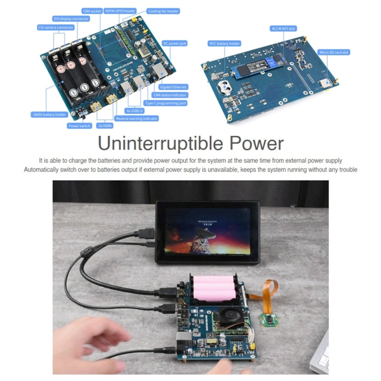 Placa Base UPS PoE Waveshare para Raspberry Pi CM4, Ethernet Gigabit, Duplo HDMI, Quádruplo USB2.0, Placa Base UPS PoE