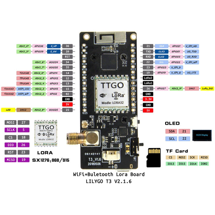 TTGO LORA32 V2.1 ESP32 OLED 0,96 polegadas Bluetooth WiFi Módulo Sem Fios 915MHz SMA IP5306 com Antena, 915MHz