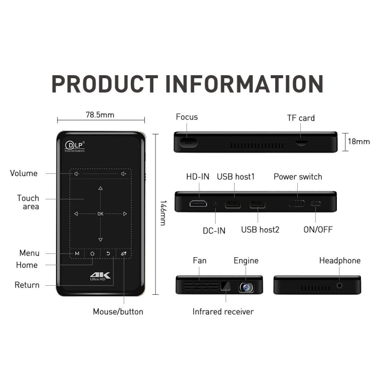 Projetor inteligente portátil P09 4K Ultra HD DLP com comando à distância por infravermelhos, Amlogic S905X 4 núcleos A53 até 1,5GHz Android 6.0, 1GB+8GB, suporte WiFi 2.4G/5G, Bluetooth, cartão TF