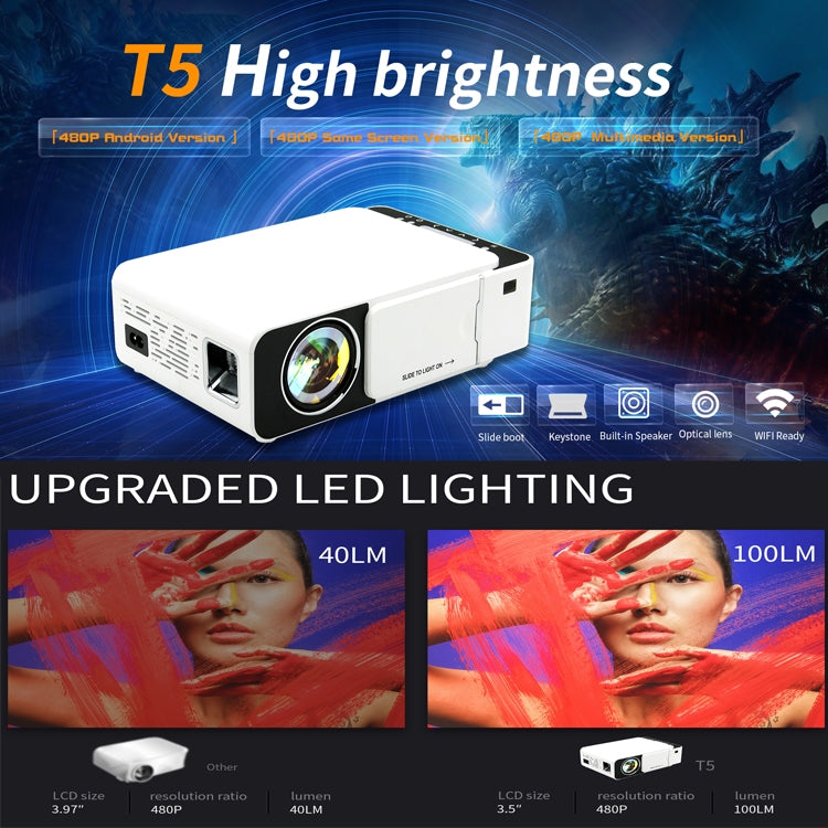 T5 100ANSI Lumens Resolução 800x400 480P Tecnologia LED+LCD Projetor Smart, Suporta HDMI / Cartão SD / 2 x USB / Áudio 3.5mm, Versão Normal, Versão Normal