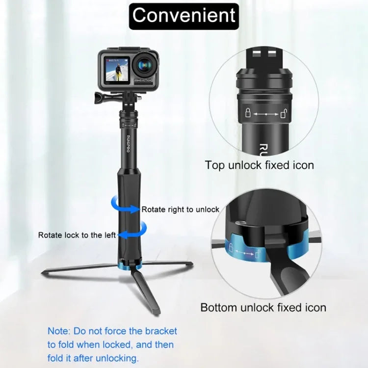 RUIGPRO Tripé Portátil de Mão Monopé Telescópico para Selfie para GoPro, Insta360, DJI e Outras Câmaras de Ação, Preto