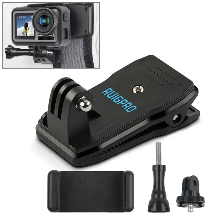 RUIGPRO Suporte de Clipe para Mochila com Rotação de 360 Graus + Suporte para Telemóvel para GoPro, Insta360, DJI e Outras Câmaras de Ação, Rec-Mounts+Clamp