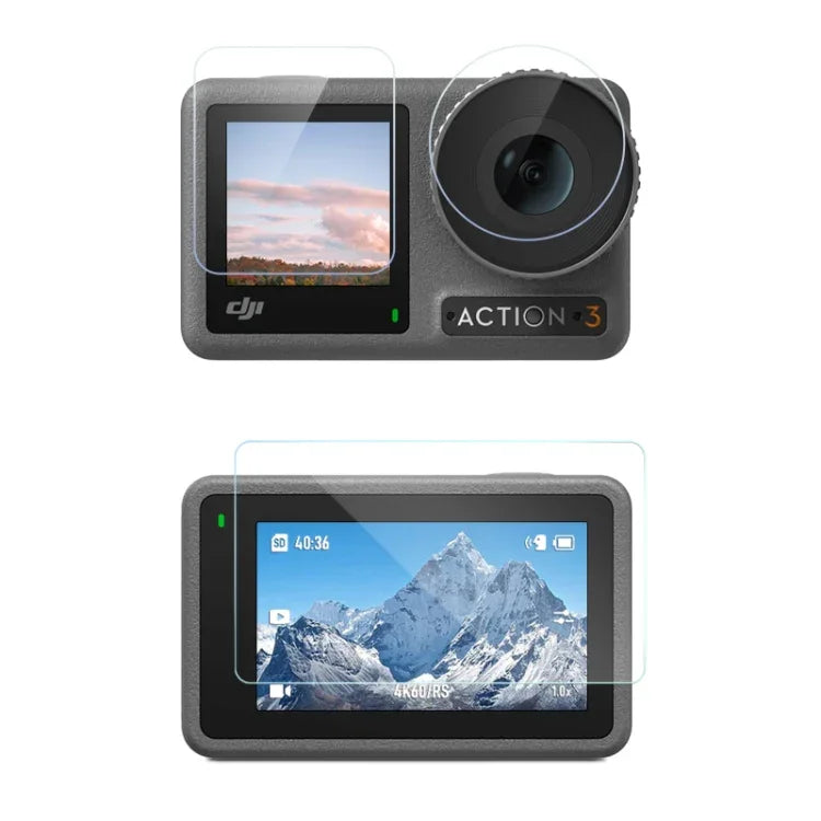 Película Protetora Diamante Anti-Explosão 3 em 1 para Lente Frontal e Ecrã Traseiro do DJI Osmo Action 3, Para DJI Osmo Action 3
