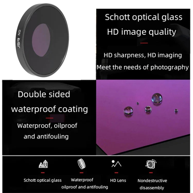 Filtro de Lente JSR 4 em 1 ND8PL / ND16PL / ND32PL / ND64 PL para DJI Osmo Action 3, 4 em 1 NDPL