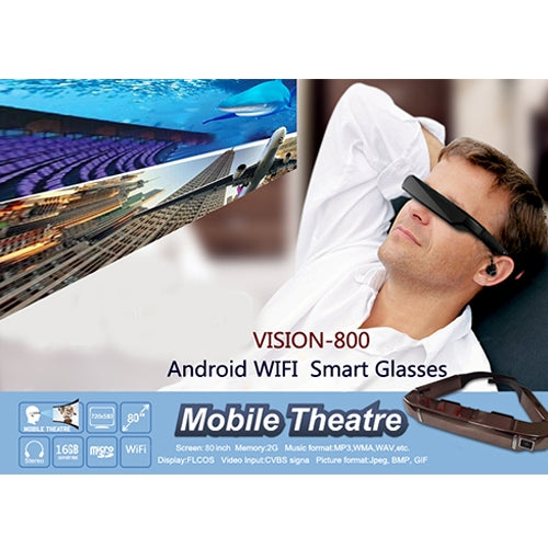 VISION-800 Android 4.4 1GB+2GB Óculos Super Inteligentes Retina 3D VR com Câmara de 5.0MP, Suporte WiFi, Bluetooth, Cartão TF, Gravação de Vídeo