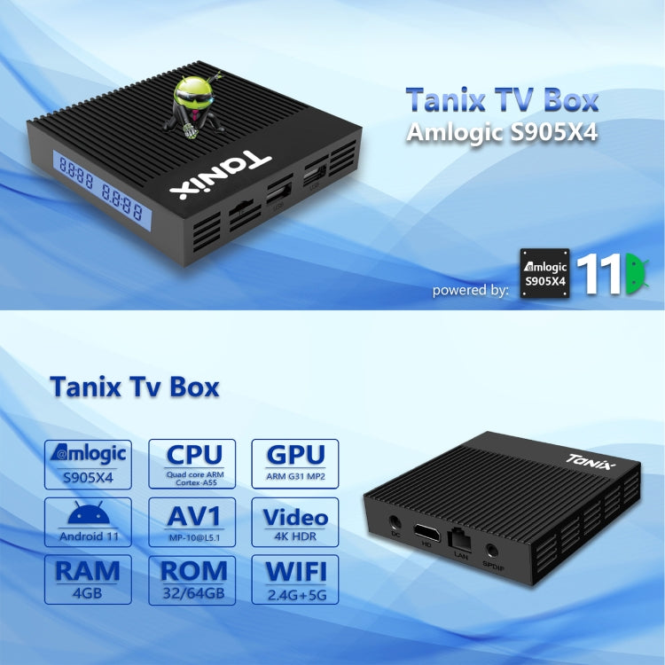Tanix X4 Android 11 Smart TV Box, Amlogic S905X4 Quad Core, 4GB+64GB, WiFi Duplo, BT, 4GB+64GB