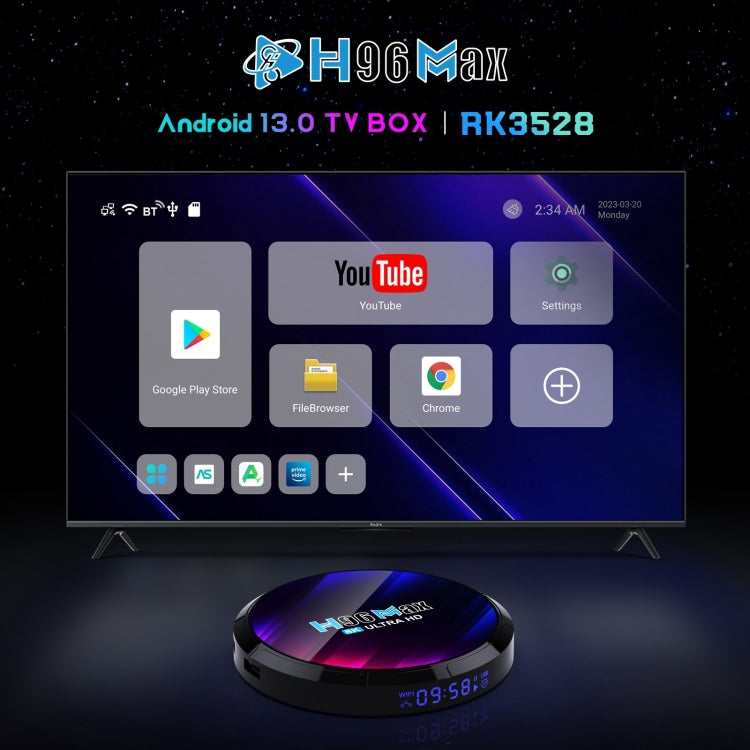 H96 Max 8K Ultra HD Smart TV Box Android 13.0 Media Player com Comando à Distância, RK3528 Quad-Core, 4GB+64GB, 4GB+64GB