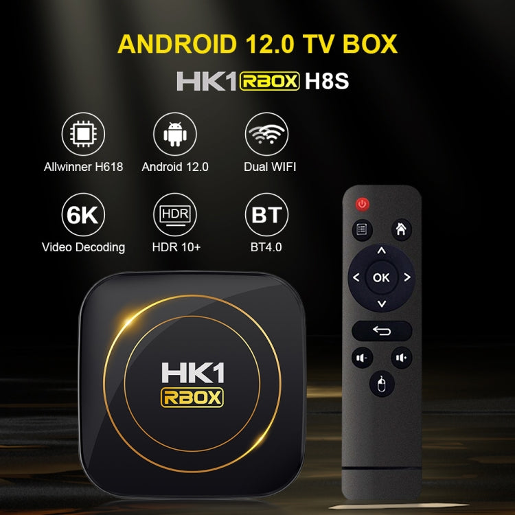 HK1 RBOX-H8S 4K Ultra HD Android 12.0 Smart TV Box com Comando à Distância, Allwinner H618 Quad-Core, 4GB+64GB, 4GB+64GB