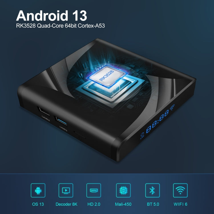 X88 Pro 13 Android 13.0 Caixa Smart TV com Comando à Distância, RK3528 Quad-Core, 4G+64GB, 4G+64GB