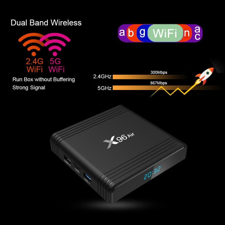 X96 Air 8K Smart TV BOX Android 9.0 Media Player com Comando à Distância, Quad-core Amlogic S905X3, RAM: 4GB, ROM: 32GB, WiFi Dual Band, Bluetooth, Ficha AU, 4GB+32GB