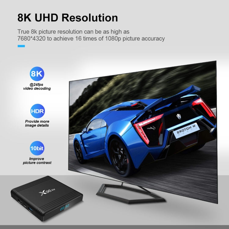 X96 Air 8K Smart TV BOX Android 9.0 Media Player com Comando à Distância, Quad-core Amlogic S905X3, RAM: 4GB, ROM: 32GB, WiFi Dual Band, Bluetooth, Ficha AU, 4GB+32GB
