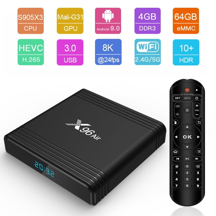 X96 Air 8K Smart TV BOX Android 9.0 Media Player com Comando à Distância, Quad-core Amlogic S905X3, RAM: 4GB, ROM: 64GB, WiFi Dual Band, Bluetooth, Ficha AU, 4GB+64GB