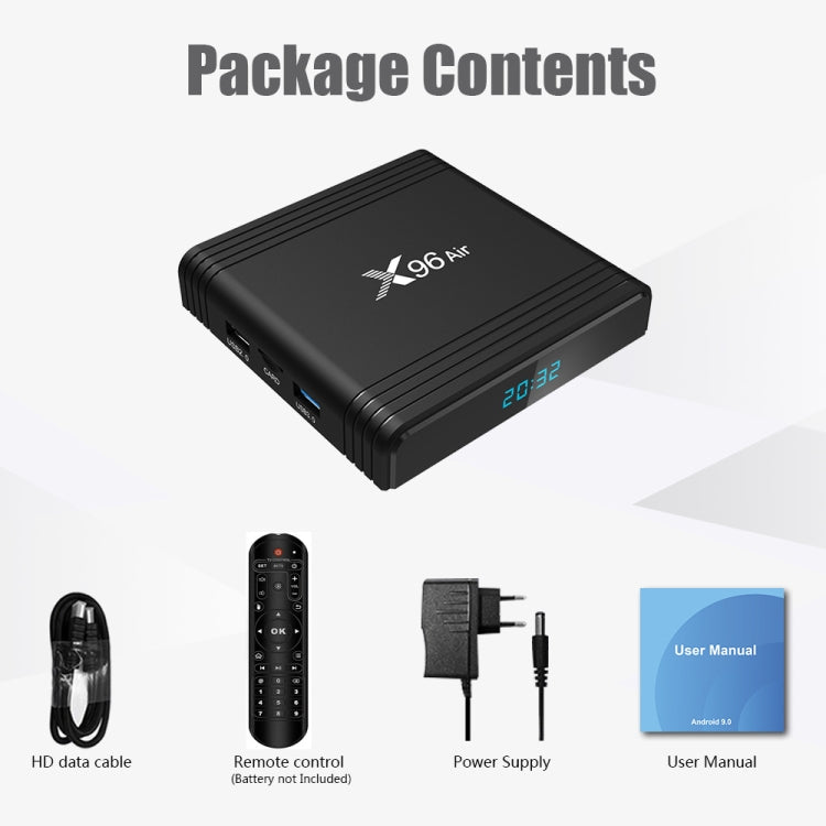 X96 Air 8K Smart TV BOX Android 9.0 Media Player com Comando à Distância, Quad-core Amlogic S905X3, RAM: 4GB, ROM: 64GB, WiFi Dual Band, Bluetooth, Ficha AU, 4GB+64GB
