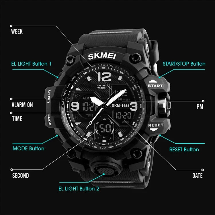 Relógio de Pulso Masculino SKMEI 1155B Multifuncional para Desporto ao Ar Livre, Noctilucente, Impermeável, com Mostrador Grande
