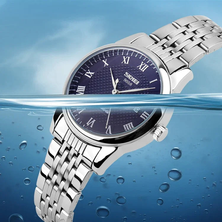 Relógio de Pulso SKMEI 9058 Multifuncional, Impermeável, de Moda para Exterior, Correia de Aço em Quartzo, Estilo Masculino Preto, Estilo Masculino Branco, Estilo Masculino Azul, Estilo Feminino Preto, Estilo Feminino Branco, Estilo Feminino Azul