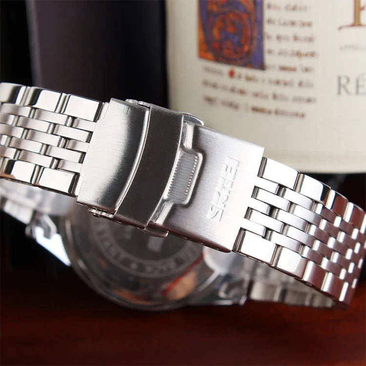 Relógio de Pulso SKMEI 9058 Multifuncional, Impermeável, de Moda para Exterior, Correia de Aço em Quartzo, Estilo Masculino Preto, Estilo Masculino Branco, Estilo Masculino Azul, Estilo Feminino Preto, Estilo Feminino Branco, Estilo Feminino Azul