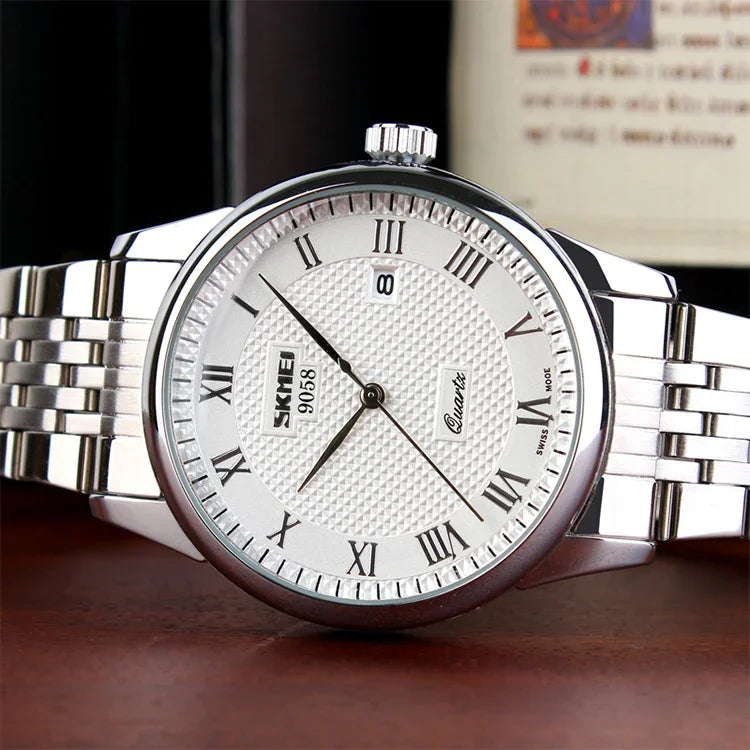 Relógio de Pulso SKMEI 9058 Multifuncional, Impermeável, de Moda para Exterior, Correia de Aço em Quartzo, Estilo Masculino Preto, Estilo Masculino Branco, Estilo Masculino Azul, Estilo Feminino Preto, Estilo Feminino Branco, Estilo Feminino Azul